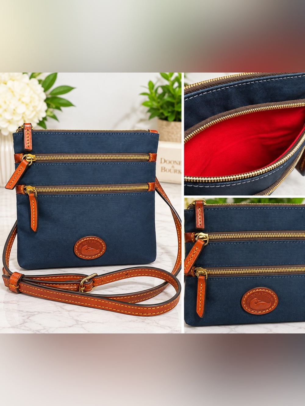 Dooney & Bourke Navy Crossbody with Brown Leather Trim and Red Interior